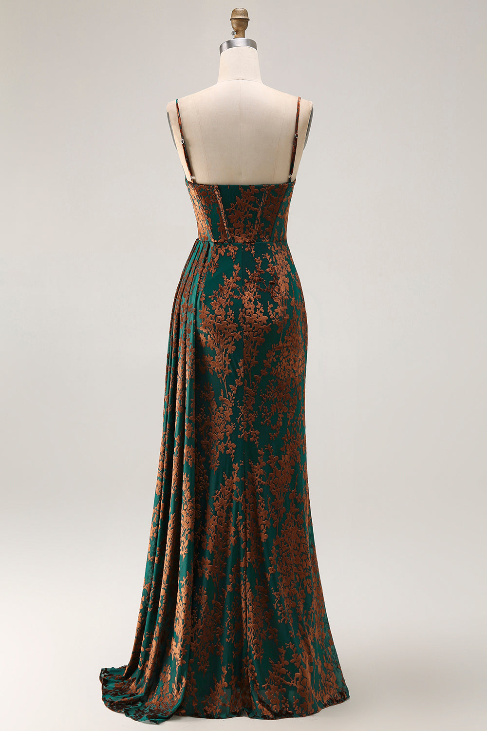 Dark Green Corset Velvet Floral Maxi Wedding Guest Dress with Side Cape