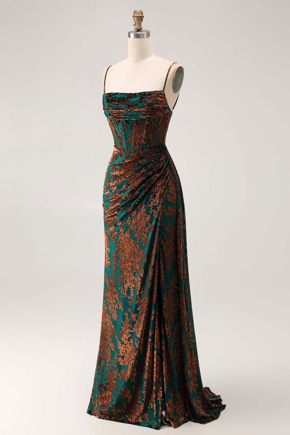 Dark Green Corset Velvet Floral Maxi Wedding Guest Dress with Side Cape