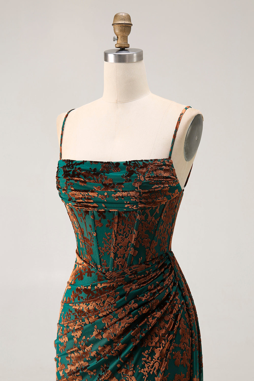 Dark Green Corset Velvet Floral Maxi Wedding Guest Dress with Side Cape