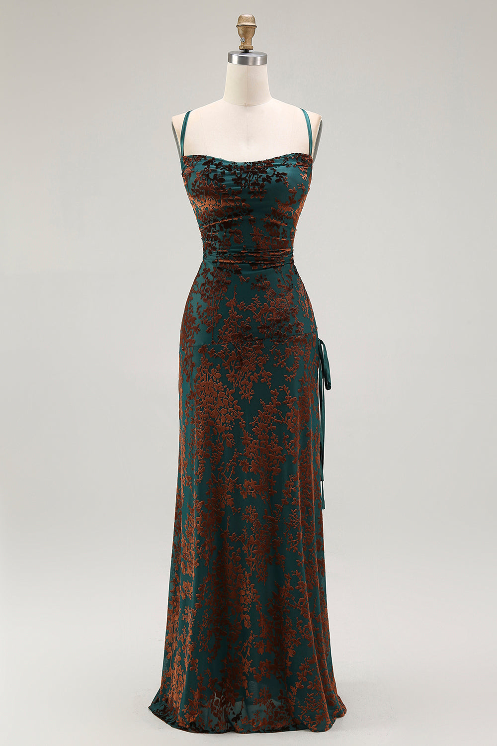 Leely Women Dark Green Floral Maxi Velvet Bridesmaid Dress Spaghetti Straps Sheath Lace Up Back Wedding Guest Dress