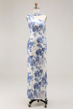 Blue Floral Neck Scarf Sheath Maxi Bridesmaid Dress