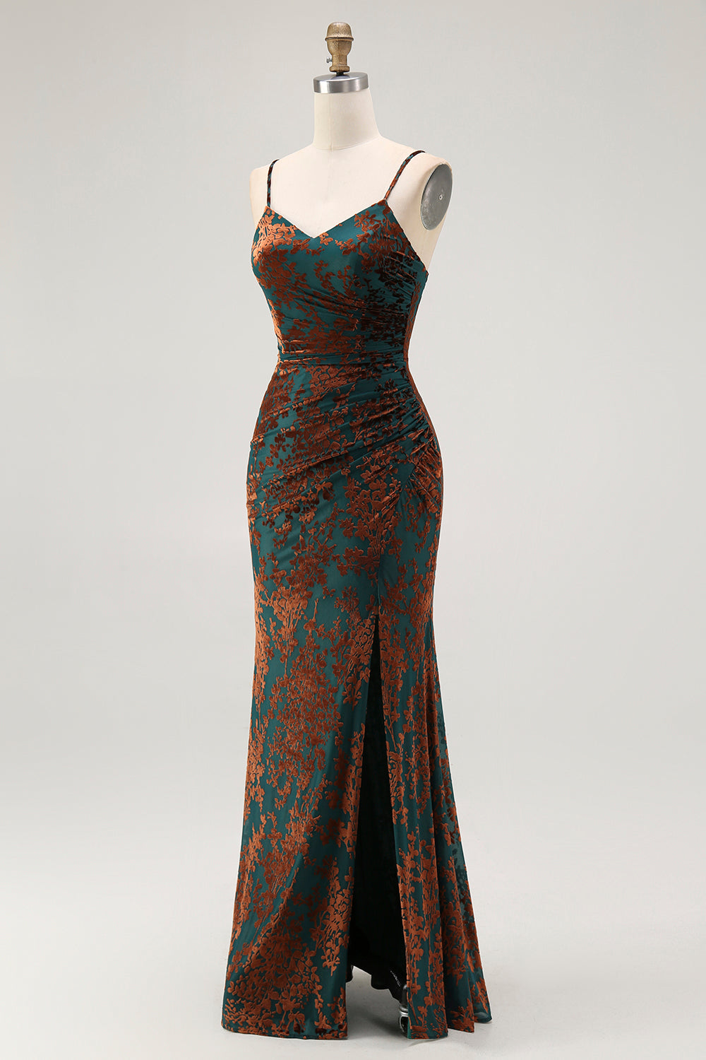 Dark Green Spaghetti Straps Mermaid Long Velvet Wedding Guest Dress with Slit