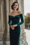 Dark Green Off the Shoulder Velvet Mermaid Maxi Bridesmaid Dress with Slit