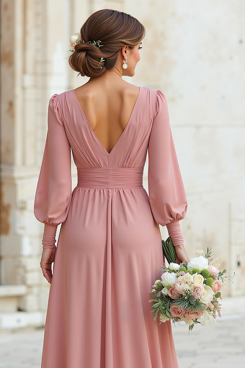 Dusty Rose V-Neck A-Line Chiffon Maxi Bridesmaid Dress with Sleeves
