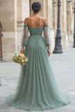 Eucalyptus Tulle Off the Shoulder A-Line Long Bridesmaid Dress with Sleeves