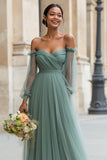 Eucalyptus Tulle Off the Shoulder A-Line Long Bridesmaid Dress with Sleeves