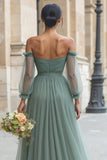 Eucalyptus Tulle Off the Shoulder A-Line Long Bridesmaid Dress with Sleeves