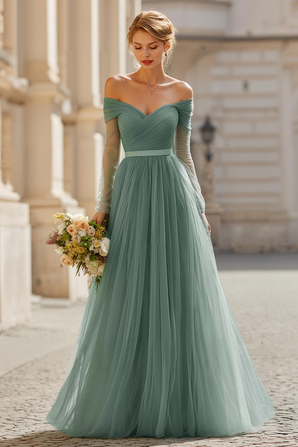Eucalyptus Tulle Off the Shoulder A-Line Maxi Bridesmaid Dress