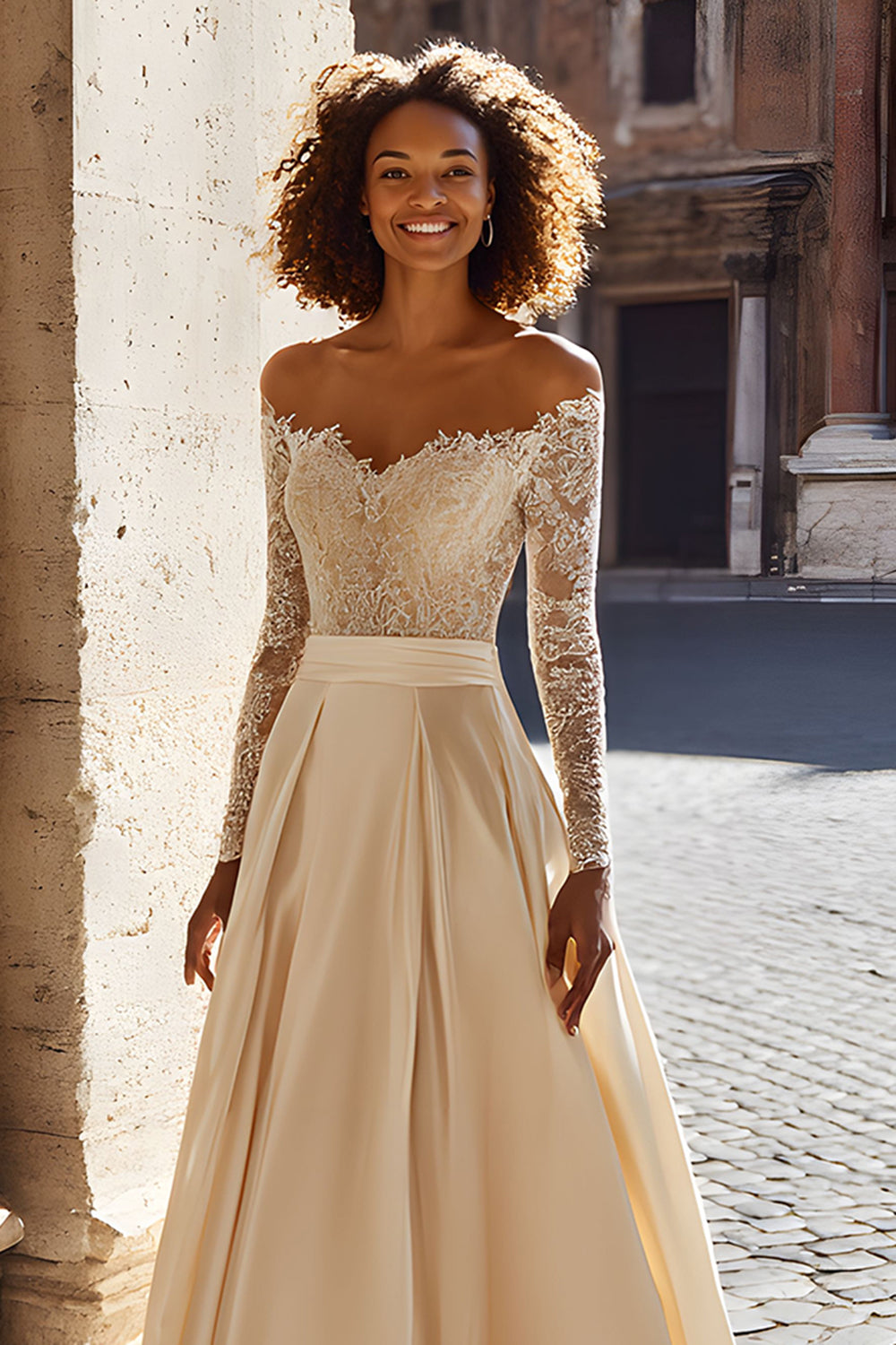 Sparkly Satin Champagne Off the Shoulder Sweep Train Wedding Dress with Sleeves
