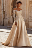 Princess Champagne Satin Long Sleeves Sweep Train Floral Lace Wedding Dress