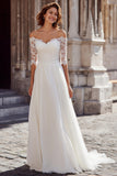 White A Line Chiffon Off the Shoulder Wedding Dress with Sleeves