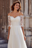 White A Line Chiffon Off the Shoulder Wedding Dress with Sleeves