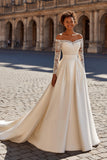 Ivory Satin Princess Sweep Train Off the Shoulder Wedding Dress with Sleeves