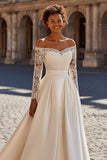 Ivory Satin Princess Sweep Train Off the Shoulder Wedding Dress with Sleeves