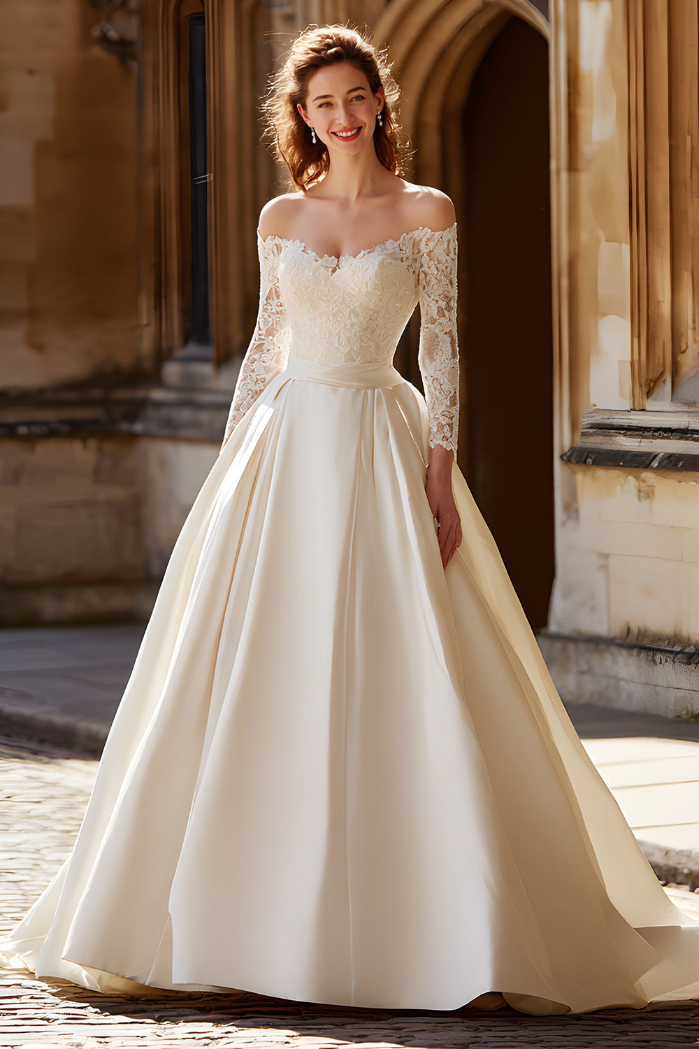 Princess Ivory Satin Off the Shoulder Ball Gown Wedding Dress with Sleeves