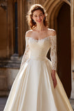 Princess Ivory Satin Off the Shoulder Ball Gown Wedding Dress with Sleeves