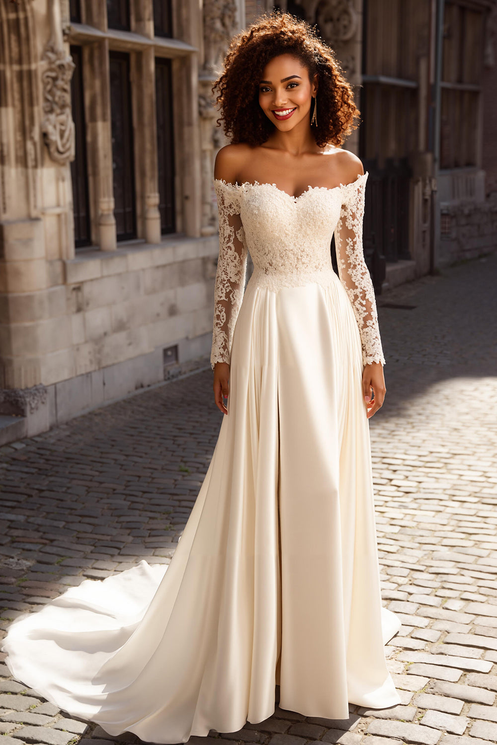 Ivory Satin A Line Off the Shoulder Long Sleeves Wedding Dress