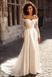Ivory Satin A Line Off the Shoulder Long Sleeves Wedding Dress