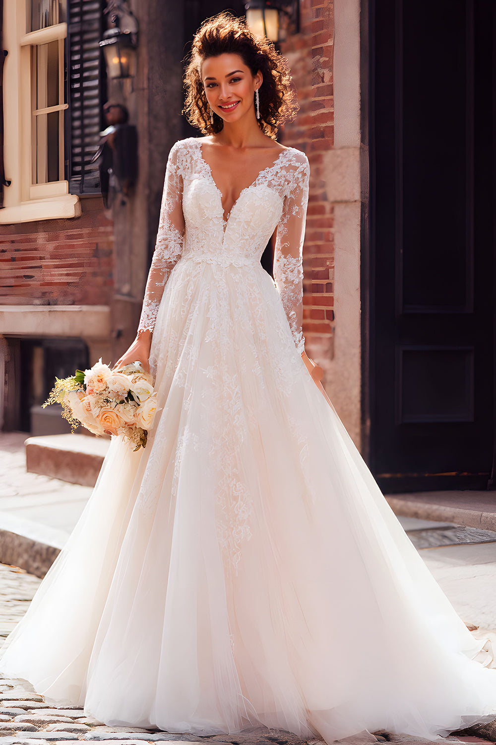 Princess Ivory Tulle V-Neck Long Sleeves Wedding Dress with Appliques
