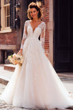 Princess Ivory Tulle V-Neck Long Sleeves Wedding Dress with Appliques