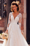 Princess Ivory Tulle V-Neck Long Sleeves Wedding Dress with Appliques