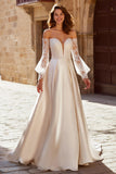 Ivory Princess Satin Off the Shoulder Wedding Dress with Sleeves