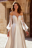 Ivory Princess Satin Off the Shoulder Wedding Dress with Sleeves