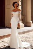 Ivory Satin Mermaid Off the Shoulder Sweep Train Wedding Dress with Sleeves