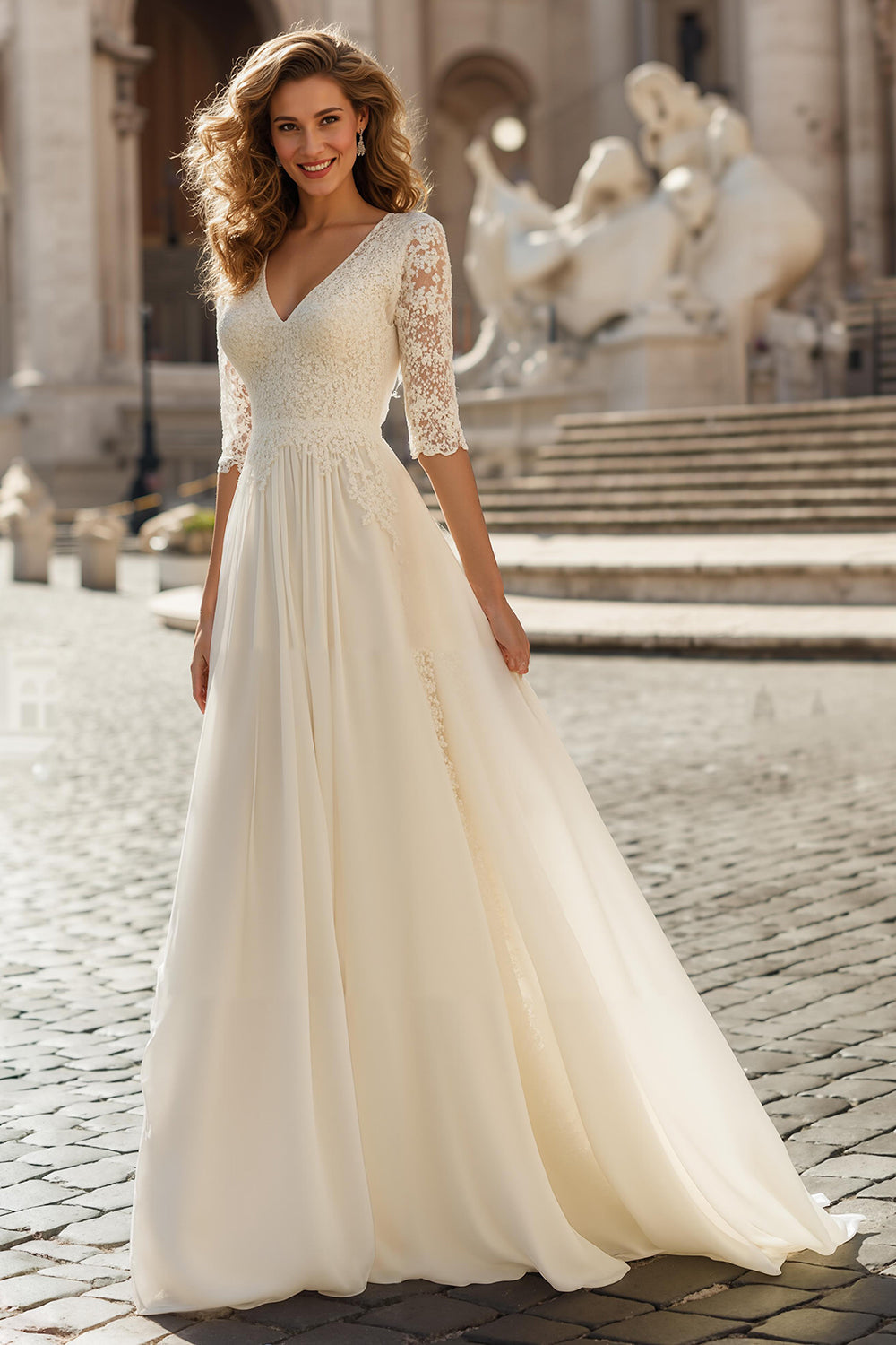 Ivory Chiffon A Line V-Neck Half Sleeves Wedding Dress with Sleeves