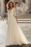 Ivory Chiffon A Line V-Neck Half Sleeves Wedding Dress with Sleeves