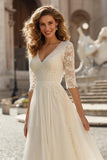 Ivory Chiffon A Line V-Neck Half Sleeves Wedding Dress with Sleeves