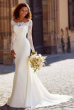 White Mermaid Chiffon Boat Neck Sweep Train Wedding Dress with Sleeves