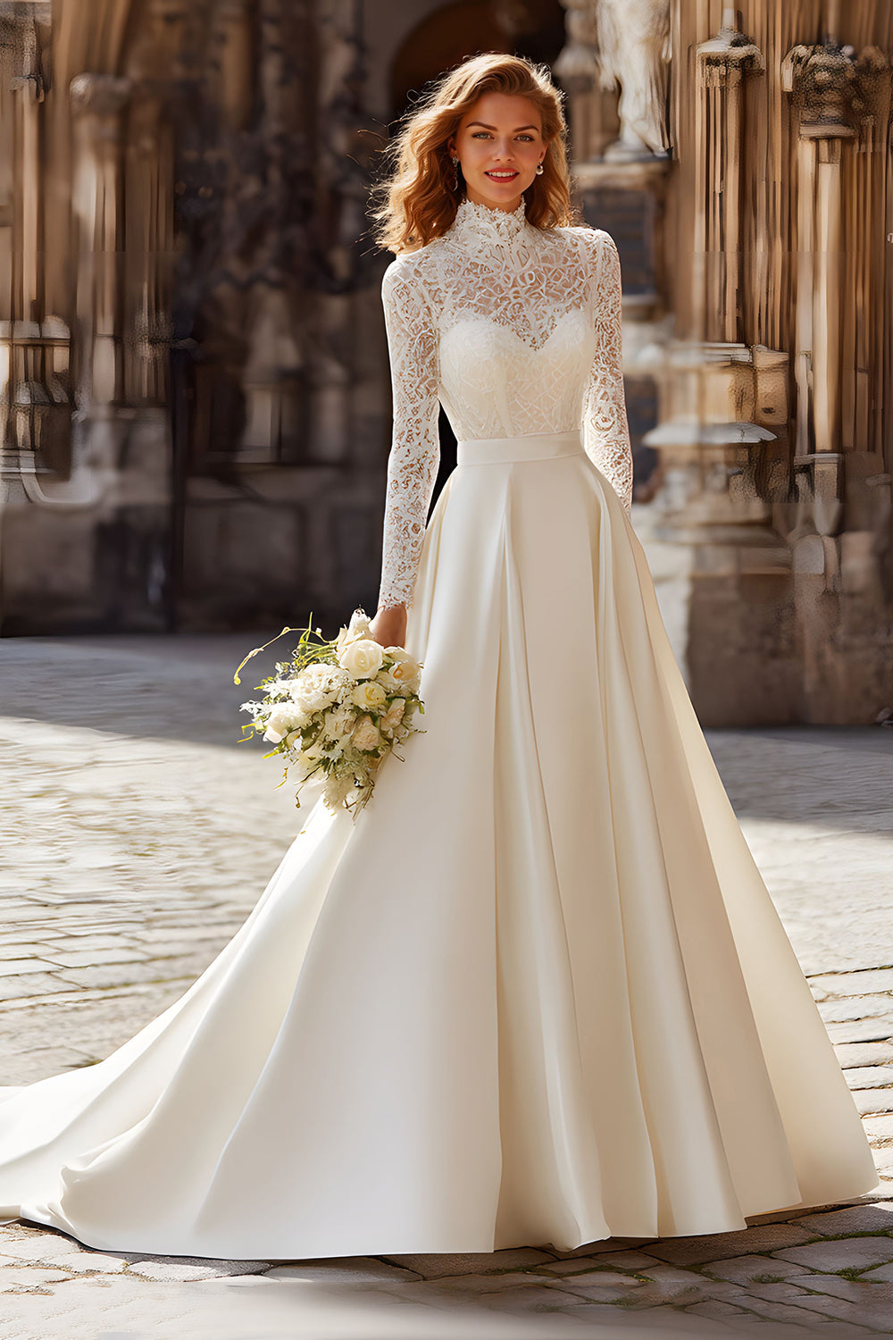 Ivory Princess High Neck Satin Long Sleeves Wedding Dress