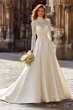 Ivory Princess High Neck Satin Long Sleeves Wedding Dress