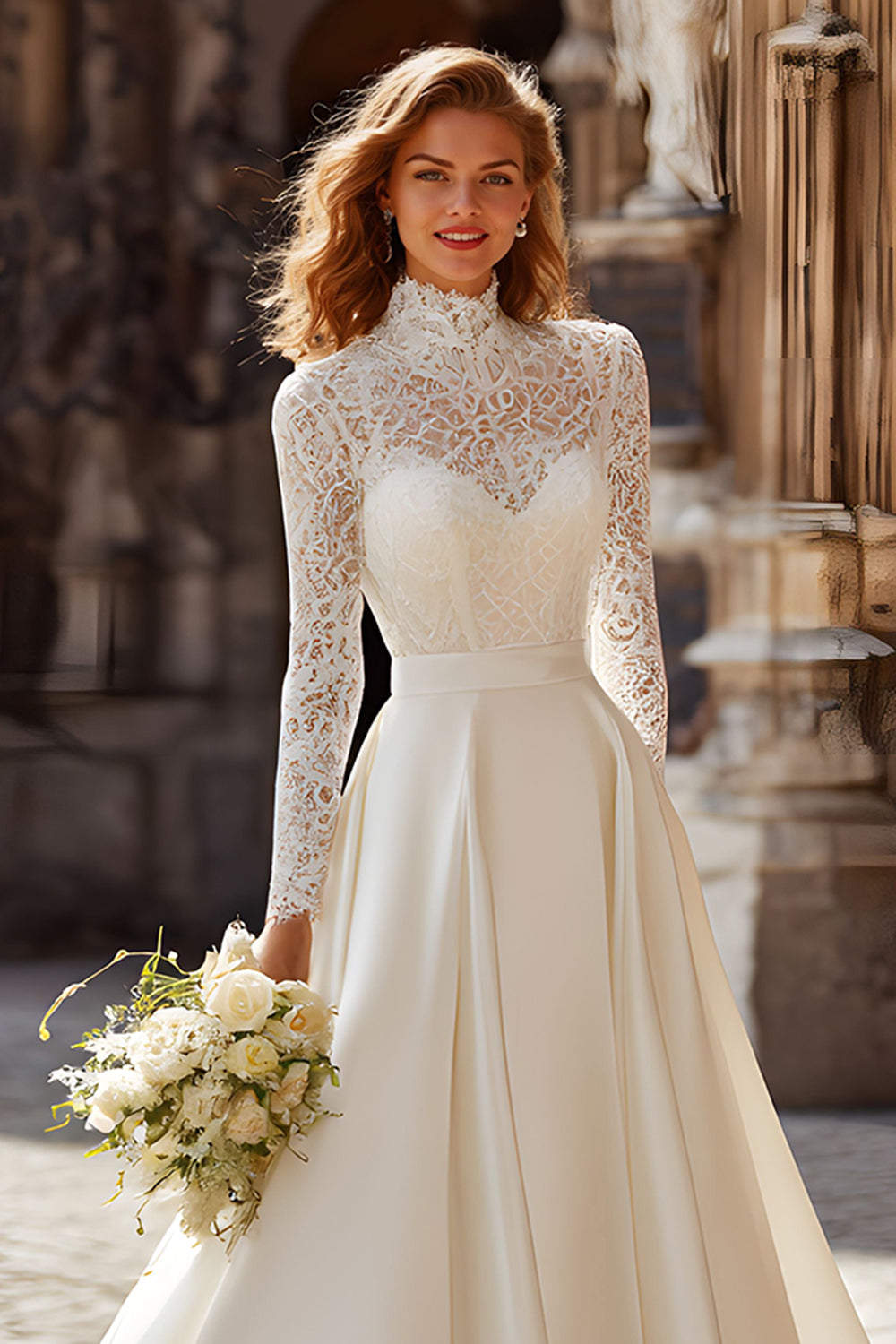 Ivory Princess High Neck Satin Long Sleeves Wedding Dress