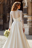 Ivory Princess High Neck Satin Long Sleeves Wedding Dress