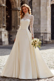 Ivory High Neck Ball Gown Satin Long Sleeves Sweep Train Wedding Dress