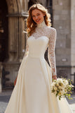 Ivory High Neck Ball Gown Satin Long Sleeves Sweep Train Wedding Dress