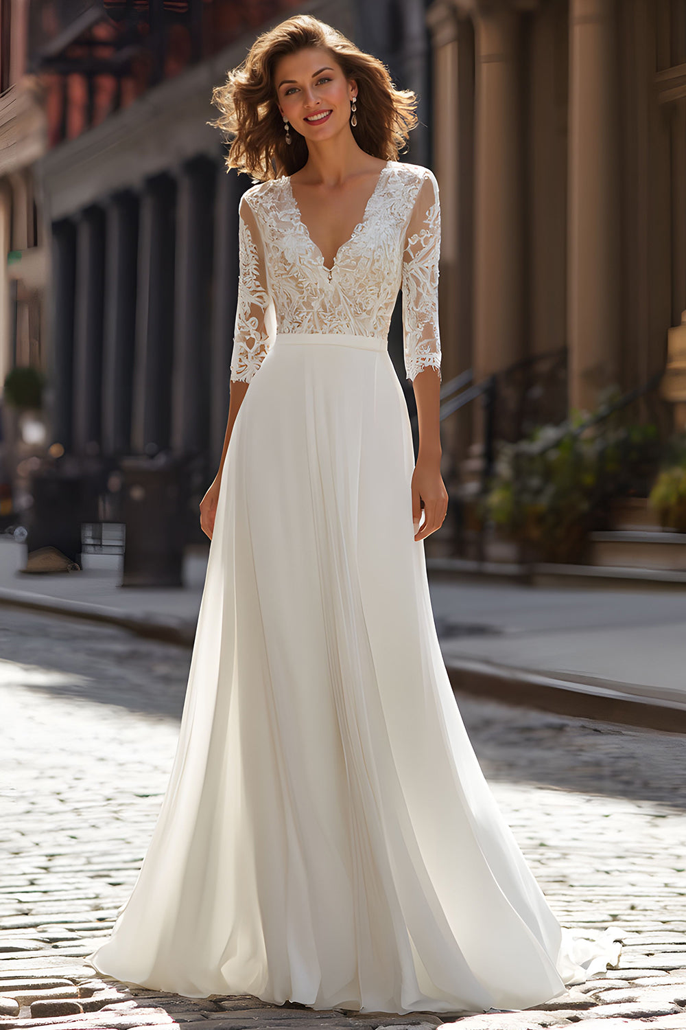 Ivory Chiffon V-Neck A Line Half Sleeves Wedding Dress