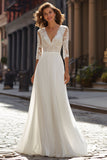 Ivory Chiffon V-Neck A Line Half Sleeves Wedding Dress