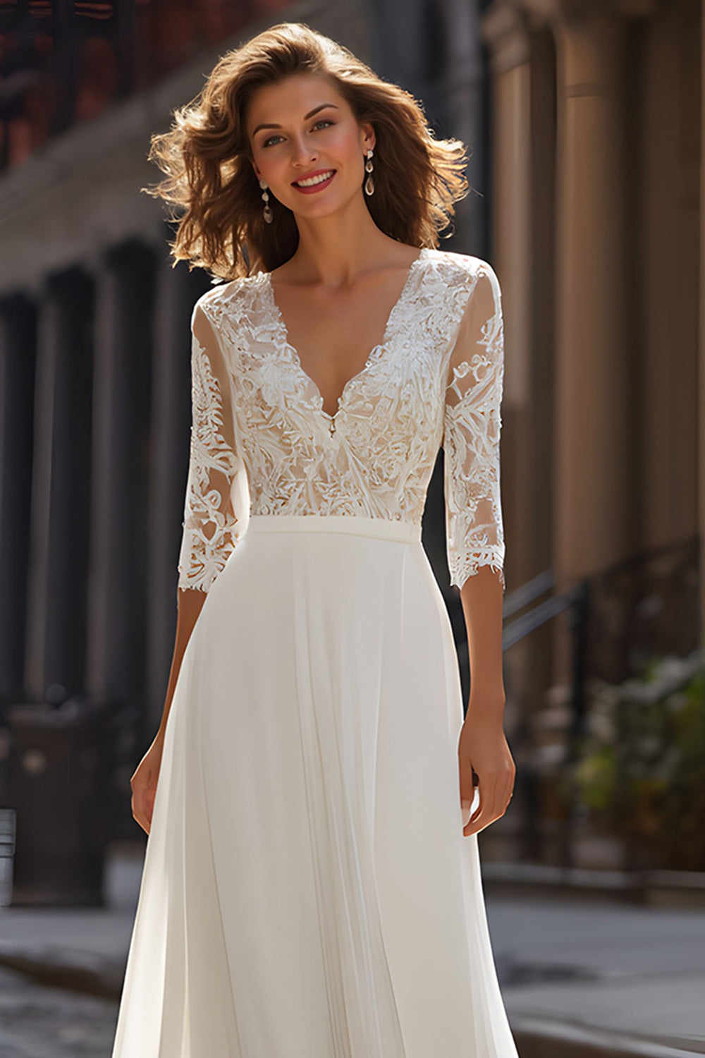 Ivory Chiffon V-Neck A Line Half Sleeves Wedding Dress
