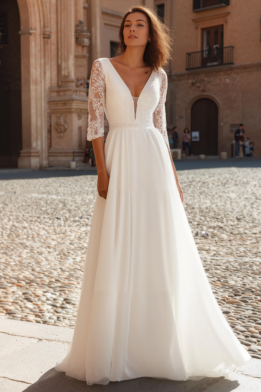 Ivory V-Neck A Line Chiffon Wedding Dress with Sleeves