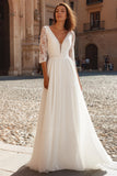 Ivory V-Neck A Line Chiffon Wedding Dress with Sleeves