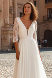 Ivory V-Neck A Line Chiffon Wedding Dress with Sleeves