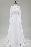 Vintage Ivory Satin High Neck Ball Gown Wedding Dress with Lace