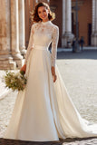 Vintage Ivory Satin High Neck Ball Gown Wedding Dress with Sleeves