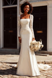 Ivory Mermaid Satin Square Neck Wedding Dress with Sleeves