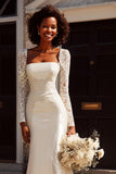 Ivory Mermaid Satin Square Neck Wedding Dress with Sleeves