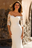 Sparkly White Mermaid Chiffon Sweep Train Wedding Dress with Sleeves