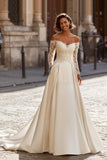 Ivory Satin Ball Gown Off the Shoulder Wedding Dress with Sleeves